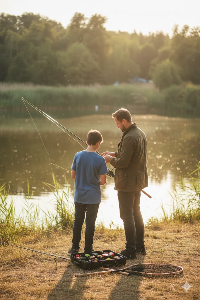 Schnupperangeln - Betreuer zeigt Kindern den Angelwurf